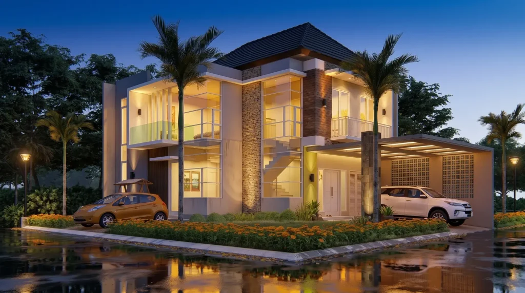 Rumah modern tropis di malam hari di Summarecon Bekasi, desain RAW Arch Studio